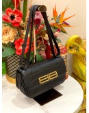 BALENCIAGA BLACK CROC EMBOSSED LEATHER SMALL GOSSIP SHOULDER BAG