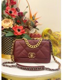 (LIKE NEW) 2023 MICROCHIP CHANEL 19 BURGUNDY PURPLE LAMBSKIN CC LOGO FLAP CROSSBODY BAG WITH 3 TONE HARDWARE