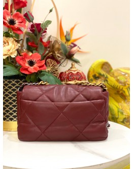 (LIKE NEW) 2023 MICROCHIP CHANEL 19 BURGUNDY PURPLE LAMBSKIN CC LOGO FLAP CROSSBODY BAG WITH 3 TONE HARDWARE