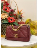 (LIKE NEW) 2023 MICROCHIP CHANEL 19 BURGUNDY PURPLE LAMBSKIN CC LOGO FLAP CROSSBODY BAG WITH 3 TONE HARDWARE