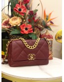 (LIKE NEW) 2023 MICROCHIP CHANEL 19 BURGUNDY PURPLE LAMBSKIN CC LOGO FLAP CROSSBODY BAG WITH 3 TONE HARDWARE