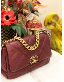 (LIKE NEW) 2023 MICROCHIP CHANEL 19 BURGUNDY PURPLE LAMBSKIN CC LOGO FLAP CROSSBODY BAG WITH 3 TONE HARDWARE