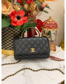 (LIKE NEW) 2024 MICROCHIP CHANEL SMALL TOP HANDLE SLING BAG IN BLACK CAVIAR LEATHER GOLD HARDWARE CHAIN -FULL SET-