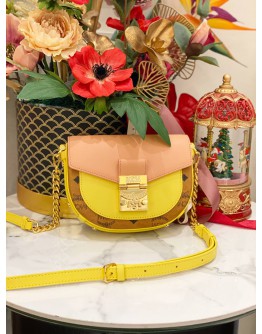 (LIKE NEW) 2021 MCM TRACY HALF MOON CROSSBODY BAG IN VISETOS CANVAS / LEATHER COLOR BLOCK