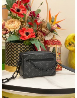 (LIKE NEW) 2023 MICROCHIP LOUIS VUITTON SOFT TRUNK MONOGRAM ECLIPSE CANVAS AND BOASTS MATTE BLACK CHAIN BAG