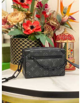 (LIKE NEW) 2023 MICROCHIP LOUIS VUITTON SOFT TRUNK MONOGRAM ECLIPSE CANVAS AND BOASTS MATTE BLACK CHAIN BAG