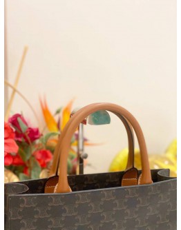 (LIKE NEW) CELINE SMALL VERTICAL CABAS TOTE HANDLE BAG IN BROWN TRIOMPHE CANVAS / CALFSKIN LEATHER