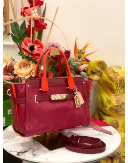 (LIKE NEW) COACH SWAGGER CARRYALL BURGUNDY RED HANDLE CROSSBODY / SHOULDER HANDBAG WITH LONG STRAP