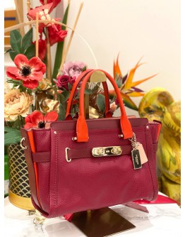 (LIKE NEW) COACH SWAGGER CARRYALL BURGUNDY RED HANDLE CROSSBODY / SHOULDER HANDBAG WITH LONG STRAP