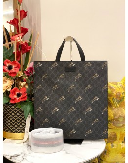 (UNUSED) GUCCI GREY/BLACK GG SUPREME CANVAS TIGER PRINTED TOTE BAG WITH STRAP
