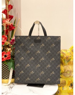 (UNUSED) GUCCI GREY/BLACK GG SUPREME CANVAS TIGER PRINTED TOTE BAG WITH STRAP