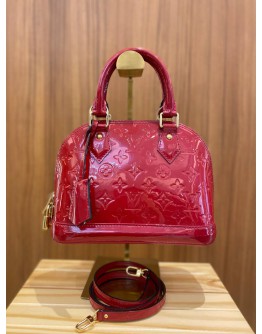 LOUIS VUITTON ALMA BB HOT RED MONOGRAM VERNIS HANDLE BAG WITH GOLD HARDWARE STRAP -FULL SET-