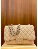 CHANEL JUMBO CLASSIC SINGLE FLAP BEIGE CAVIAR LEATHER SILVER HARDWARE CHAIN BAG