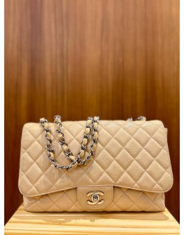 CHANEL JUMBO CLASSIC SINGLE FLAP BEIGE CAVIAR LEATHER SILVER HARDWARE CHAIN BAG