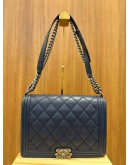 CHANEL BOY LARGE DOUBLE STITCH BAG IN NAVY BLUE QUILTED CALFSKIN LEATHER YEAR 2014