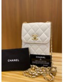 CHANEL WHITE QUILTED LAMBSKIN LEATHER PEARL CRUSH PHONE CASE BAG IN GOLD HARDWARE -FULL SET-