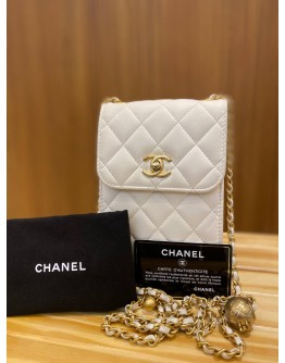 CHANEL WHITE QUILTED LAMBSKIN LEATHER PEARL CRUSH PHONE CASE BAG IN GOLD HARDWARE -FULL SET-