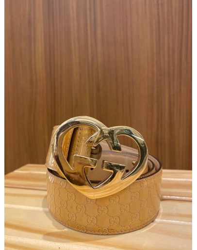 GUCCI "SAN VALENTINO" MONOGRAM PUMPKIN COLOUR BELT WITH GOLD LOVE SHAPE HARDWARE