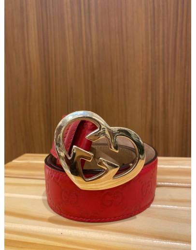 GUCCI "SAN VALENTINO" MONOGRAM RED BELT WITH GOLD LOVE SHAPE HARDWARE