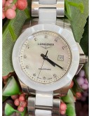 LONGINES CONQUEST CERAMIC PINK MOTHER OF PEARL DIAMOND 29.5MM QUARTZ WOMEN’S WATCH -FULL SET-