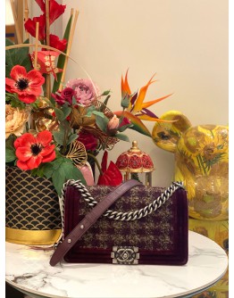 CHANEL PARIS-EDIMBOURG BURGUNDY QUILTED VELVET / TWEED MEDIUM BOY FLAP BAG