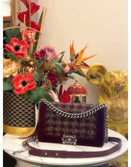 CHANEL PARIS-EDIMBOURG BURGUNDY QUILTED VELVET / TWEED MEDIUM BOY FLAP BAG