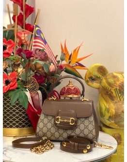 (LIKE NEW) GUCCI HORSEBIT 1995 GG CANVAS SMALL TOP HANDLE BAG WITH GOLD HARDWARE CHAIN