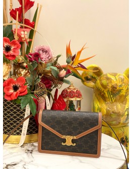 (LIKE NEW) CELINE ENVELOPE CROSSBODY BAG IN DARK BROWN TRIOMPHE CANVAS AND BROWN CALFSKIN LEATHER