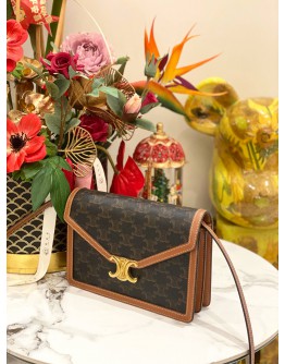 (LIKE NEW) CELINE ENVELOPE CROSSBODY BAG IN DARK BROWN TRIOMPHE CANVAS AND BROWN CALFSKIN LEATHER