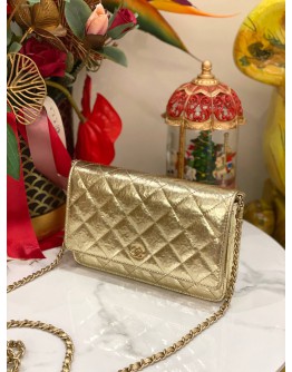 (LIKE NEW) CHANEL WALLET ON CHAIN IN METALLIC GOLD HAMMERED CALFSKIN LEATHER