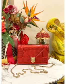 2023 CHRISTIAN DIOR DIORAMA WALLET ON CHAIN IN HOT RED SHINNY METALLIC CANNAGE CALFSKIN LEATHER -FULL SET-