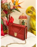 2023 CHRISTIAN DIOR DIORAMA WALLET ON CHAIN IN HOT RED SHINNY METALLIC CANNAGE CALFSKIN LEATHER -FULL SET-