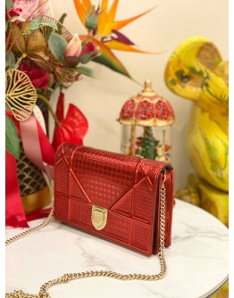 2023 CHRISTIAN DIOR DIORAMA WALLET ON CHAIN IN HOT RED SHINNY METALLIC CANNAGE CALFSKIN LEATHER -FULL SET-