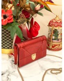 2023 CHRISTIAN DIOR DIORAMA WALLET ON CHAIN IN HOT RED SHINNY METALLIC CANNAGE CALFSKIN LEATHER -FULL SET-