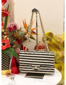 CHANEL LIMITED 2014 MEDIUM COCO SAILOR JERSEY BLACK / WHITE STRIPE DOUBLE FLAP BAG WITH PEARL STRAP