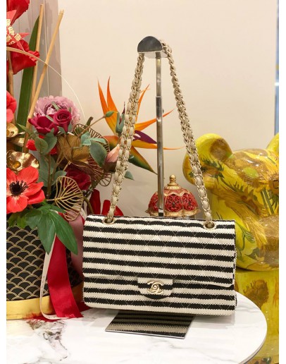CHANEL LIMITED 2014 MEDIUM COCO SAILOR JERSEY BLACK / WHITE STRIPE DOUBLE FLAP BAG WITH PEARL STRAP