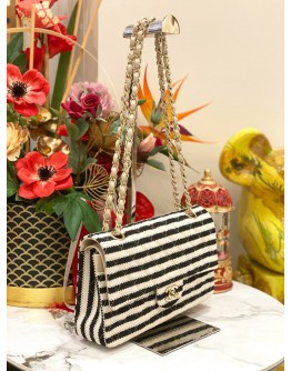CHANEL LIMITED 2014 MEDIUM COCO SAILOR JERSEY BLACK / WHITE STRIPE DOUBLE FLAP BAG WITH PEARL STRAP