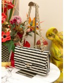CHANEL LIMITED 2014 MEDIUM COCO SAILOR JERSEY BLACK / WHITE STRIPE DOUBLE FLAP BAG WITH PEARL STRAP
