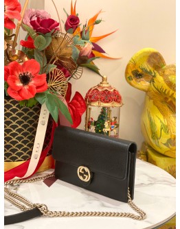 (LIKE NEW) GUCCI ICON GG INTERLOCKING WALLET ON CHAIN IN BLACK CALFSKIN LEATHER -FULL SET- 