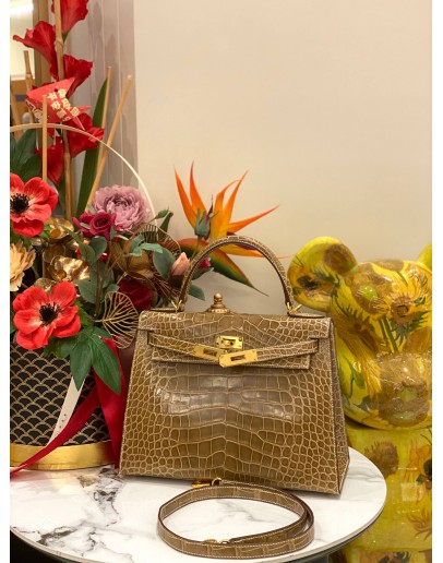 (UNUSED) YEAR 2020 HERMES KELLY 28 ALLIGATOR MISSISSIPPIENSIS FICELLE GOLD HARDWARE -FULL SET-