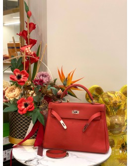 (LIKE NEW) 2015 HERMES KELLY 28 TOP HANDLE BAG WITH STRAP IN ROUGE CASAQUE TOGO LEATHER -FULL SET-