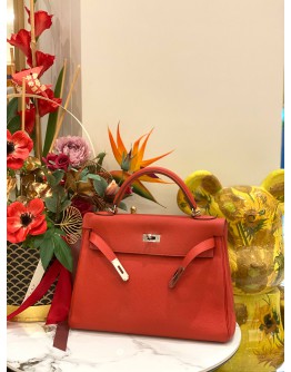 (LIKE NEW) 2015 HERMES KELLY 28 TOP HANDLE BAG WITH STRAP IN ROUGE CASAQUE TOGO LEATHER -FULL SET-