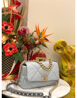 (LIKE NEW) 2023 MICROCHIP CHANEL 19 LIGHT BLUE FLAP BAG 
