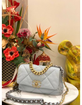 (LIKE NEW) 2023 MICROCHIP CHANEL 19 LIGHT BLUE FLAP BAG 