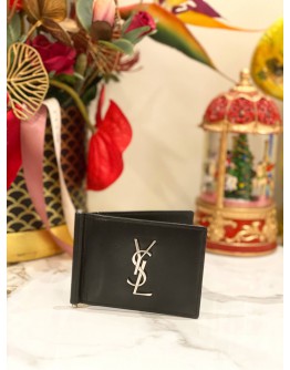 YSL SAINT LAURENT BLACK LEATHER MONEY CLIP BIFOLD WALLET