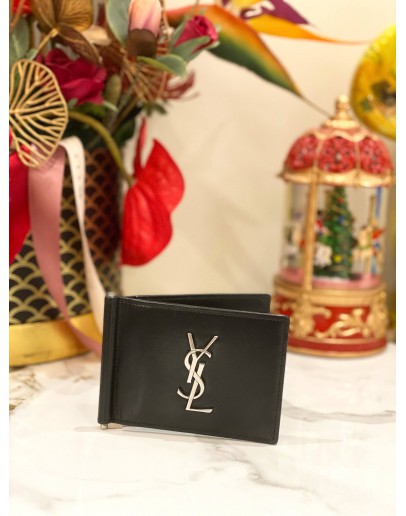 YSL SAINT LAURENT BLACK LEATHER MONEY CLIP BIFOLD WALLET