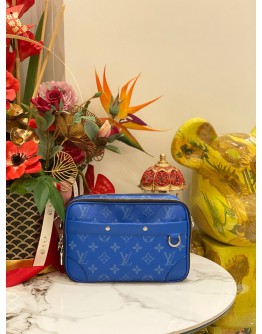 (LIKE NEW) 2023 MICROCHIP LOUIS VUITTON ALPHA MESSENGER AGAVE BLUE TAIGA COWHIDE LEATHER AND MONOGRAM CANVAS BAG