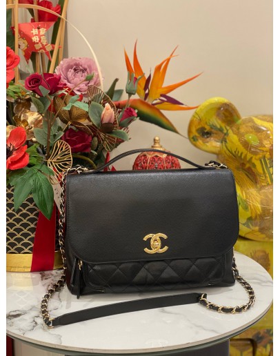 CHANEL BUSINESS AFFINITY BLACK QUILTED CAVIAR LEATHER CC GOLD TONE HARDWARE LARGE CHAIN BAG 