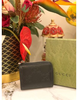 (LIKE NEW) GUCCI CARD AND COIN WALLET IN BLACK GG EMBOSSED PERFORATED LEATHER -FULL SET-