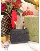 (LIKE NEW) GUCCI CARD AND COIN WALLET IN BLACK GG EMBOSSED PERFORATED LEATHER -FULL SET-